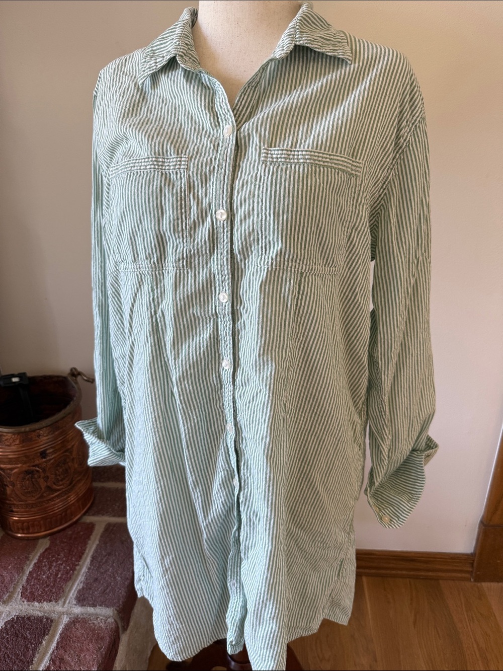 Roller Rabbit Green Striped Button-Down Swim Coverup Sleep Shirt 100% Cotton